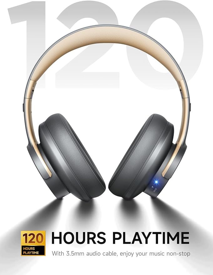 Picun B8 Bluetooth Headphones, 120H Playtime Headphones Wireless Bluetooth with 3 EQ Modes, Low Latency, Hands-Free Calls, Over Ear Headphones for Travel Home Office Cellphone PC (Ashen Golden)