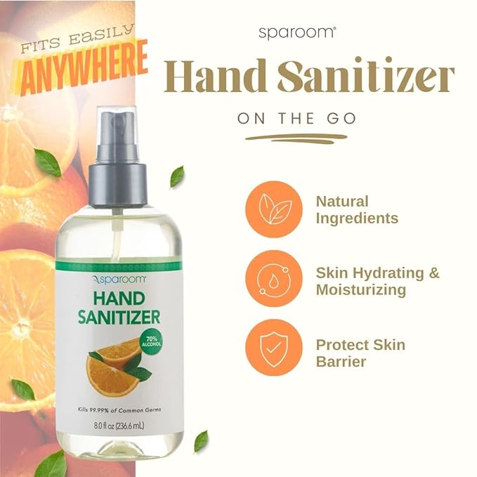SpaRoom Hand Sanitizer Spray Orange – 70% Alcohol Formula with Aloe and Essential Oils, Travel Size Citrus Blend for On-the-Go Hygiene and Skin Moisture – 8oz Leak-Proof Bottle