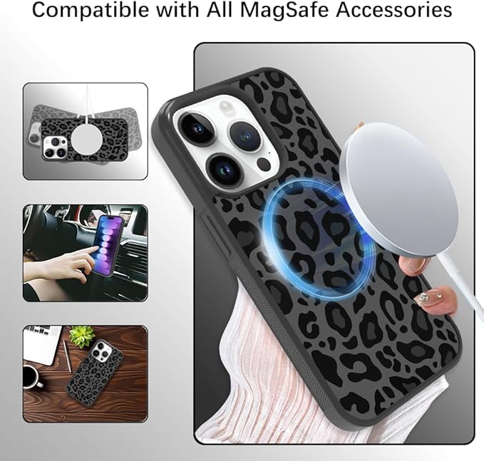 KANGHAR Case Compatible with iPhone 15 Pro,Black Leopard Design Compatible with MagSafe,Tire Texture Non-Slip +Shockproof Rugged TPU Protective Magnetic Case Designed for iPhone 15 Pro 6.1 Inch