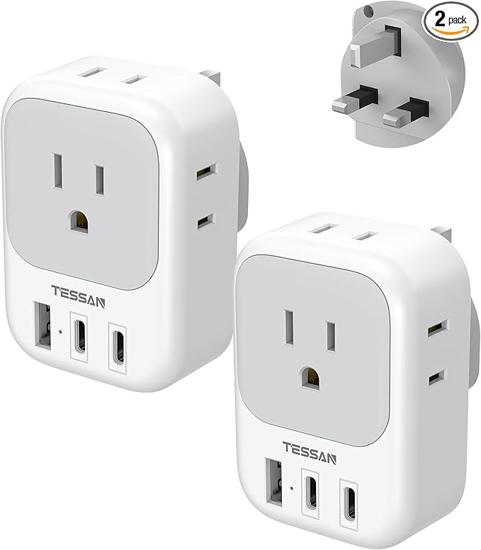 US to UK Plug Adapter 2 Pack, TESSAN Type G Adapter for Travel with 4 Outlets 3 USB (2 USB-C), Power Adaptor for US to UK Ireland London Scotland Kenya Dubai Singapore Hong Kong