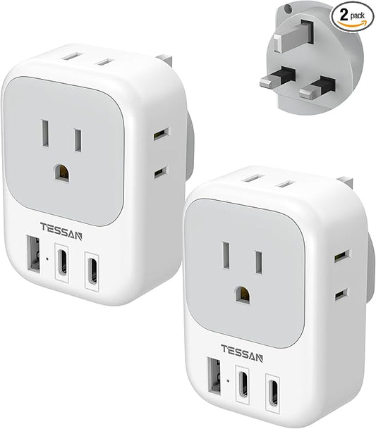 US to UK Plug Adapter 2 Pack, TESSAN Type G Adapter for Travel with 4 Outlets 3 USB (2 USB-C), Power Adaptor for US to UK Ireland London Scotland Kenya Dubai Singapore Hong Kong