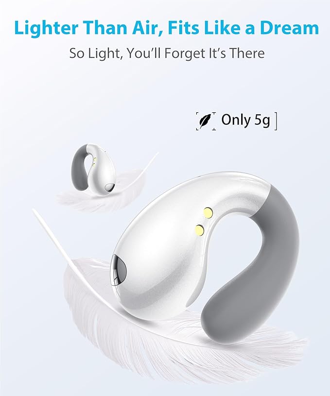 Ultra Open Ear Earbuds - Ergonomic Clip-On Earbuds, Small Bone Conduction Over-The-Ear Headphones with Waterproof Design, Perfect Running Headphones for Sports and Fitness, Pearl White