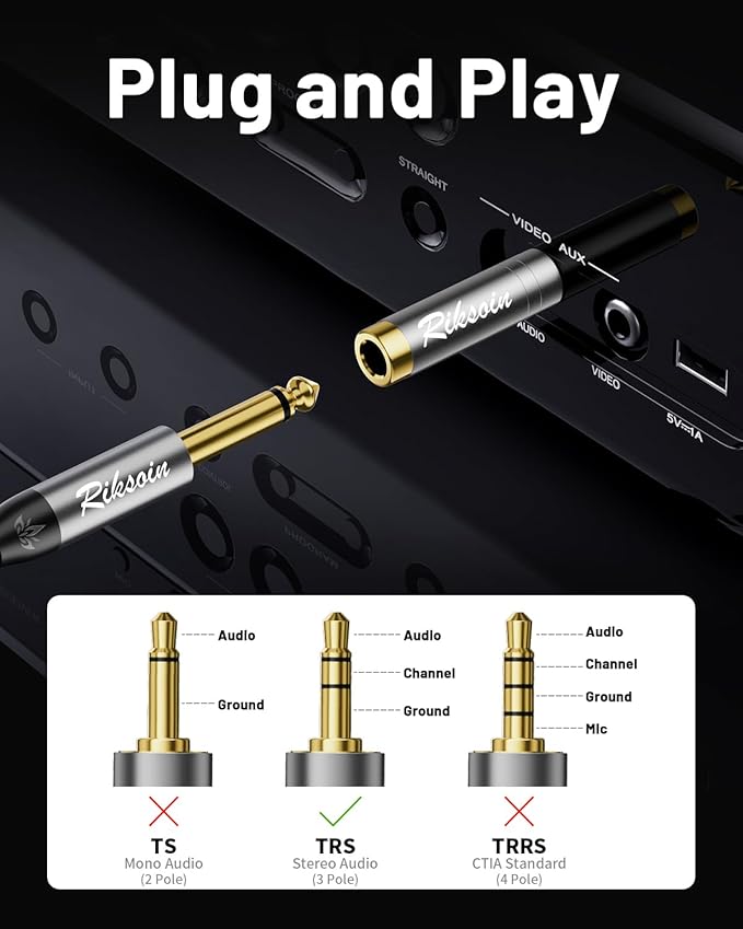 1/4'' to 3.5mm Stereo Pure Copper Headphone Adapter,3.5mm(1/8'') Plug Male to 6.35mm (1/4'') Jack Female Stereo Adapte for Headphone, Amp, Adapte,4-Pack