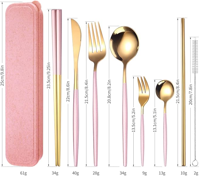 AARAINBOW 8 Pieces Stainless Steel Flatware Set Portable Reusable Cutlery Set Travel Utensils Set Including Chopsticks Knife Fork Spoon Straws Cleaning Brush Dishwasher Safe (Pink Golden)