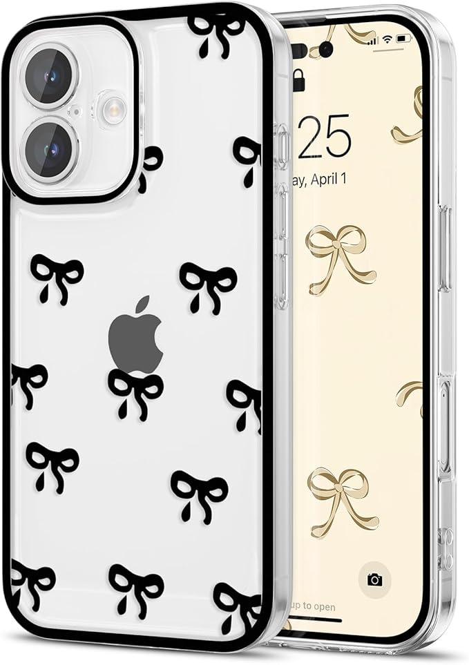 EYZUTAK Case for iPhone 17, Clear Cute Ribbon Bowknot Pattern Aesthetic Transparent Phone Case Raised Camera Protection Stylish Slim Soft Durable TPU Protective Cover for Women Girls - Black