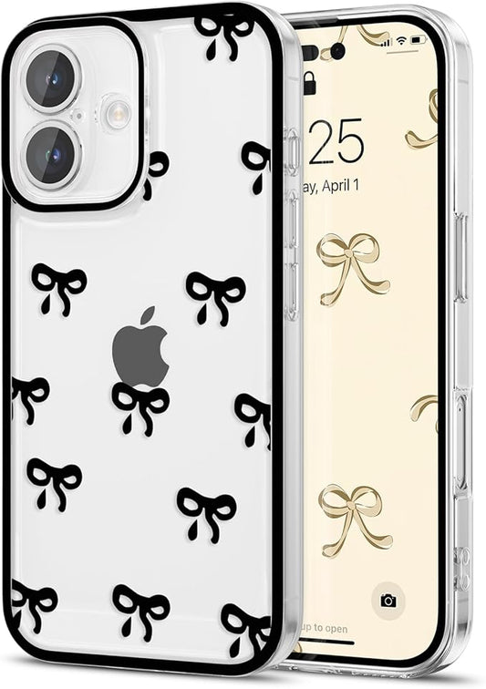 EYZUTAK Case for iPhone 17, Clear Cute Ribbon Bowknot Pattern Aesthetic Transparent Phone Case Raised Camera Protection Stylish Slim Soft Durable TPU Protective Cover for Women Girls - Black