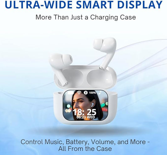 Audionic Airtouch 40 Wireless Earbuds, Bluetooth 5.4, Ultra-Wide LED Touchscreen Case, ANC/ENC Noise Cancelling, Low Latency, Hi-Fi Sound, for Android/iOS (White)