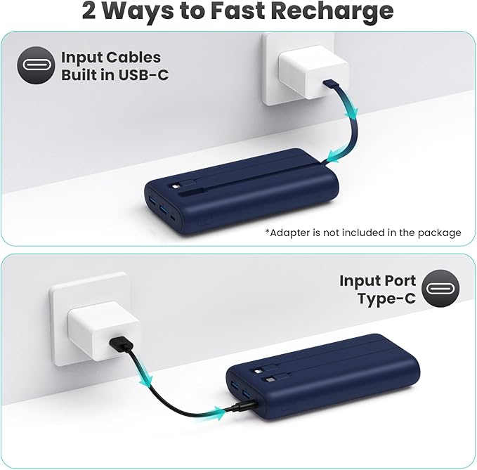Portable Charger Power Bank 40,800mAh 25W Fast Charging USB C Portable Charger with 2 Built in Cables,5 Outputs & QC 4.0 Quick Phone Charging Battery Pack Compatible with iPhone 16/15/Android (Blue)