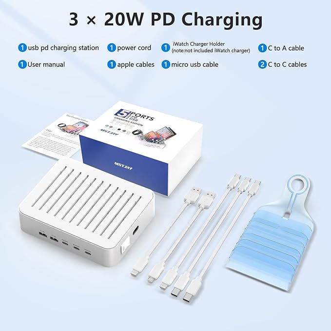 MSTJRY USB C Charging Station for Multiple Devices: 90W 5 Ports Multi Fast Charger for iPhone iPad Tablets Phone Airpods - Charging Dock Organizer with Adjustable Dividers for Home Office Classroom