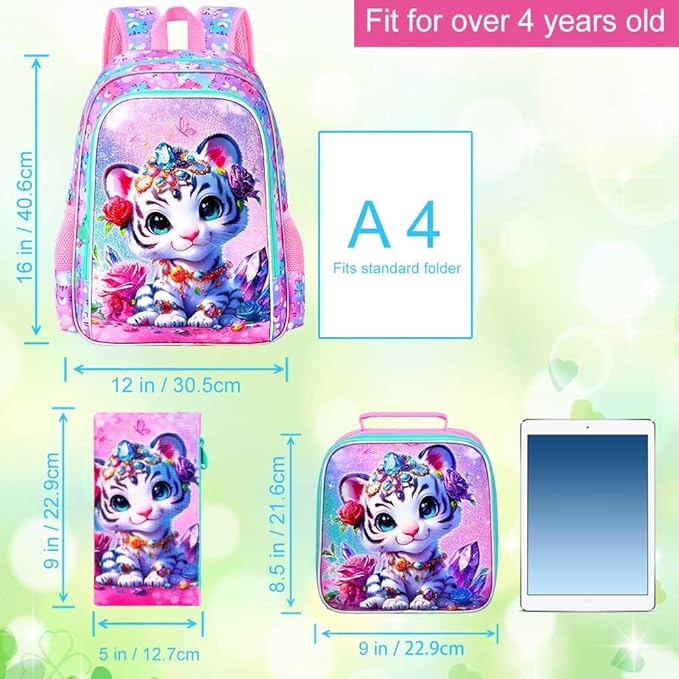 16" Tiger Backpack for Girls, 3Pcs Kids School Backpacks with Lunch Box, Bookbag for Elementary Preschool Kindergarten(Pink)