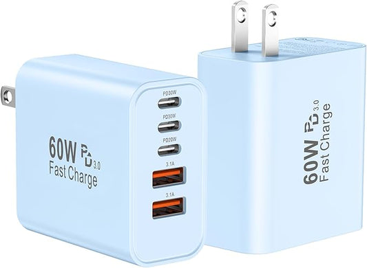 USB C Fast Wall Charger Block, 2Pack 60W USBC Charging Cubes, 5-Port PD+QC Power Adapter Multiport Brick Type C Box Plug for Phone 16/15/14/13/12/11/Pro Max/Plus, Pad Mini/Pro/S25/S24-Blue