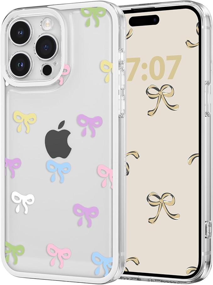 EYZUTAK Case for iPhone 12 Pro, Clear Cute Ribbon Bowknot Pattern Aesthetic Transparent Phone Case Raised Camera Protection Stylish Slim Soft Durable TPU Protective Cover for Women Girls - Colorful