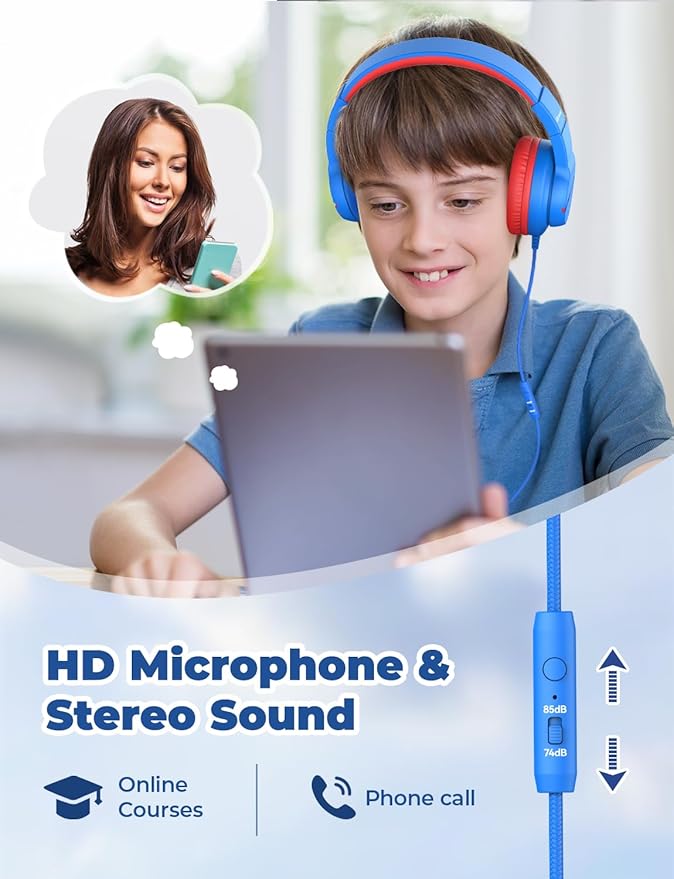 iClever Kids Headphones for School Travel, Safe Volume Limited, HD Mic Stereo Sound Over-Ear Girls Boys Headphones for Kid, FunShare Foldable 3.5mm Wired for iPad Computer, HS19