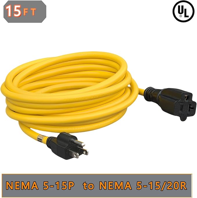 15-Feet 15 Amp Household AC Plug to 20 Amp T Blade Adapter Cable，14AWG 15-Foot 15 Amp to 20 Amp Plug Adapter Cord Nema 5-15P to 5-15R/5-20R 20Amp Comb AC Power Cord, Yellow