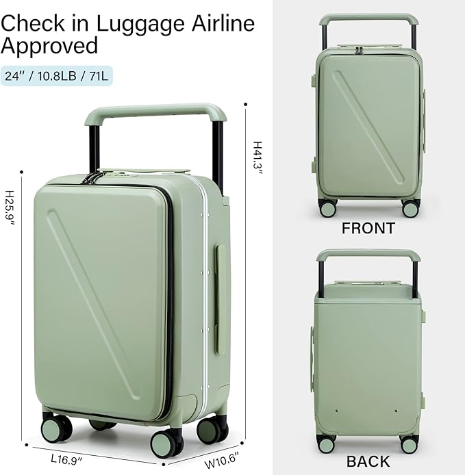 MILADA Wide Handle Luggage with Front Pocket Hardshell Aluminium Check In Suitcase with Wheels Medium 24 Inch Front Opening Checked Luggage with Spinner Wheels TSA Approved Luggage, Bamboo Green