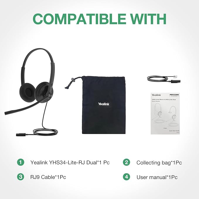 Yealink Phone Headsets for Office Phones YHS34 Lite QD to RJ9 Wired Headset Compatible with Poly Snom Grandstream Phones Desk Landline Headset with Microphone -Dual/111g/2.1m Cable
