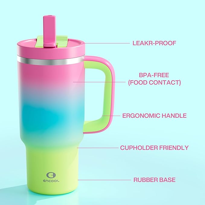 32 oz Tumbler with Handle and Straw: Stainless Steel Insulated Tumbler Keeps Cold for 24 Hours, Leakproof Travel Cup Fits in Cup Holder and BPA-Free, Lime Sorbet