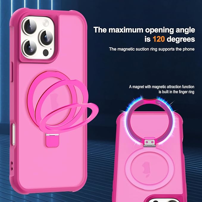 Compatible with iPhone 16 Pro Case with Invisible Magnetic O-Ring Stand Military-Grade Translucent Case for iPhone 16 Pro 6.3" [Compatible with Mag-Safe][Great Grip Feeling], Rose