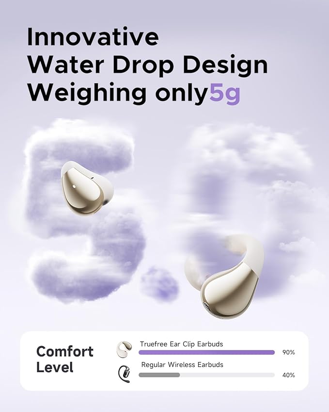 truefree B1 Open-Ear Wireless Earbuds, Bluetooth 5.4 Headphones with Spatial Audio, Ultra-Light Clip-On Fit, 25H Battery, Fast Charging, Multipoint Connection, App Customization, Workouts, Commute
