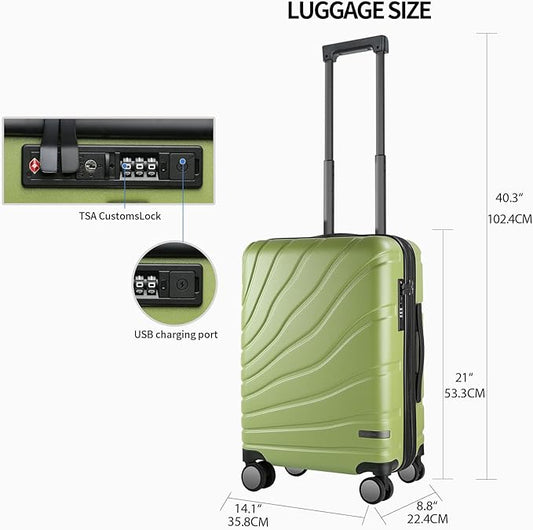 VANKEAN Carry On Luggage with Spinner Wheels & TSA Lock, Expandable Fashionable Hard Shell Suitcase airline approved，20 Inch Carry-On，Green