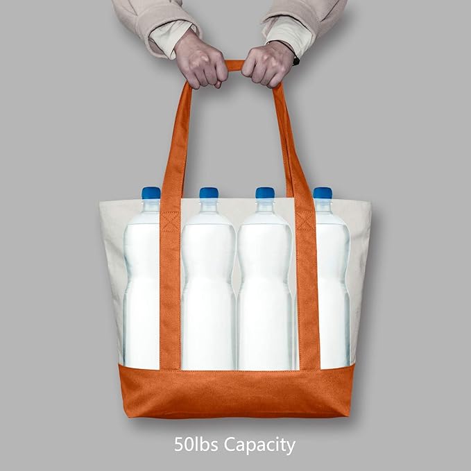 TOPDesign 1-Pack Canvas Tote Bag with an External Pocket, Reusable Grocery Shopping Bag, Top Zipper Closure, Daily Essentials (Orange/Natural)