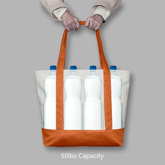 TOPDesign 3-Pack Canvas Tote Bags with an External Pocket, Reusable Grocery Shopping Bags, Top Zipper Closure, Daily Essentials (Orange/Natural)