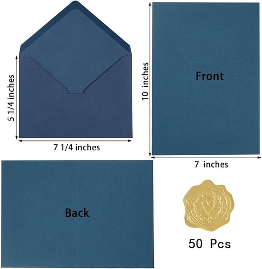 50 Pack Navy Blue A7 Envelopes with Cards 5x7 Thick Folded Cardstock and Gold Stickers for Greeting Cards, Wedding, Birthday, Invitations, Baby Showers (Navy Blue, 5x7)