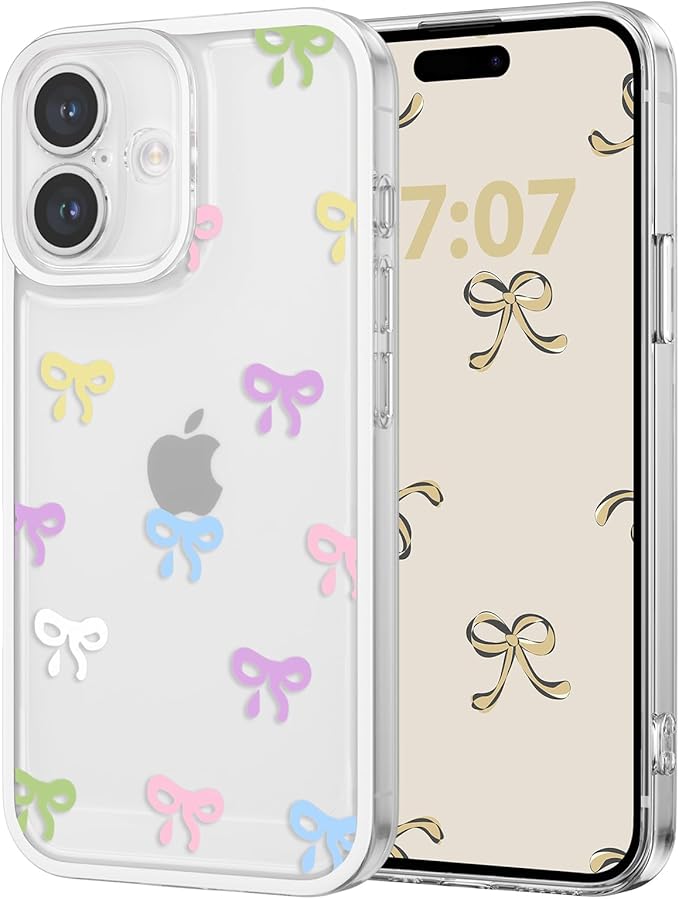 EYZUTAK Case for iPhone 16 Plus, Clear Cute Ribbon Bowknot Pattern Aesthetic Transparent Phone Case Raised Camera Protection Stylish Slim Soft Durable TPU Protective Cover for Women Girls - Colorful