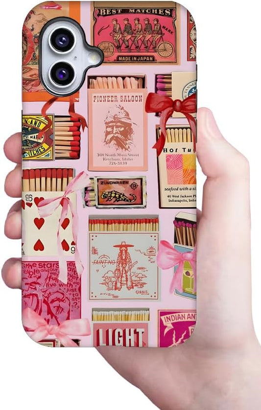 Generic Case Compatible with iPhone 12/12 Pro,Vintage Matchbox Collage Bow Phone Case for Girl Women,Durable Protection Case
