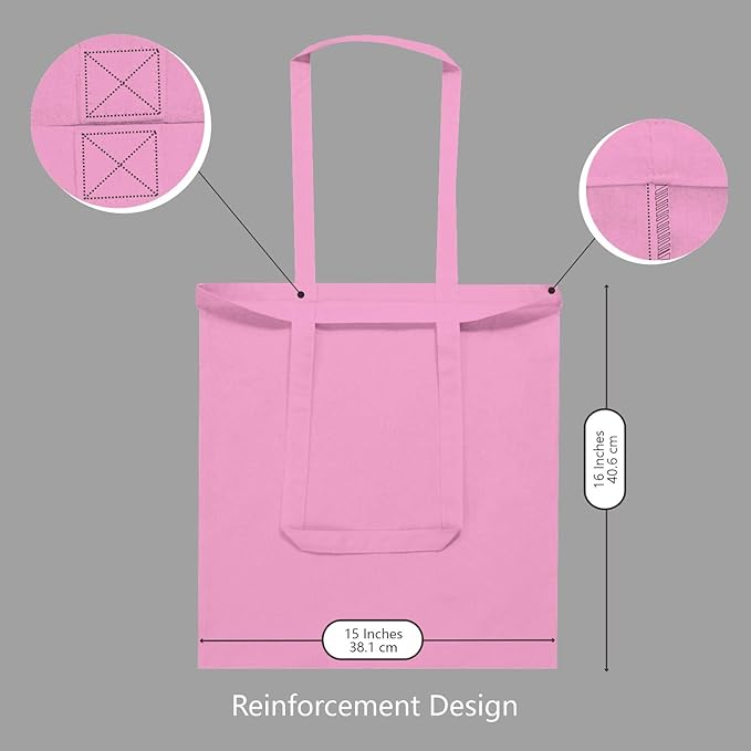 TOPDesign 24-Pack Economical 16"x15" Baby Pink Cotton Tote Bag, Lightweight Medium Reusable Grocery Shopping Cloth Bags, Suitable for DIY, Advertising, Promotion, Gift, Activity