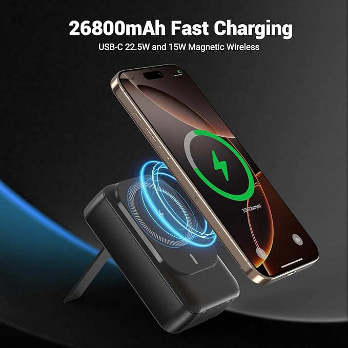 Magnetic Wireless Power Bank 26800mAh, PD 22.5W Type-C Fast Charging Portable Charger 5 Outputs, Battery Pack for Magsafe Built in Cables with Stand LED Display for iPhone 16/15/14/13/12 Series-Black