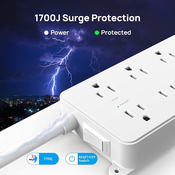 TROND Surge Protector Power Strip 10ft, ETL Listed, Flat Plug Long Extension Cord with 2 USB A and 1 USB C, 7 Widely-Spaced Outlets, Wall Mountable, 1700 Joules, White