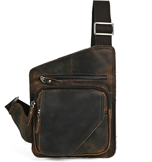 Thick Crazy horse Leather Triangle Crossbody Sling Chest Bag Travel One Shoulder Bag Daypack For Men Male 3028