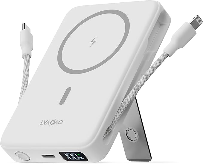 2025 Magnetic Battery Pack 16800mAh Mobile Power Bank, Portable Charger with Foldable Stand and Built-in Cable, 20W USB-C Fast Charging, Suitable for iPhone 17/16/15/14/13/12 Series