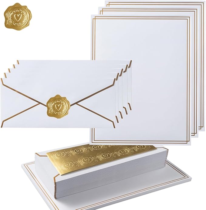50 Pack Stationery Set with Gold Border, #10 Business Envelopes and 8.5x11 Paper Sheets and Stickers for Writing Letters (White, 8.5x11 Inches)