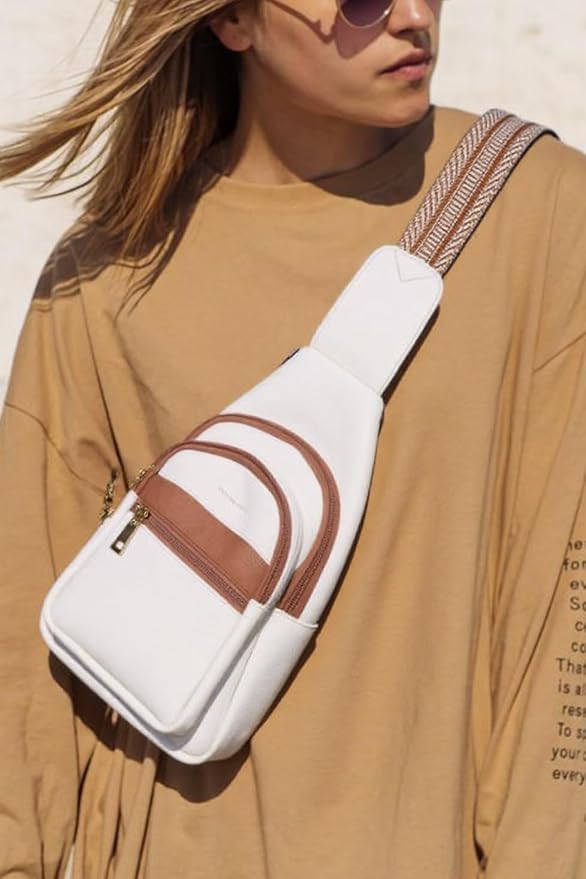 Sling Bag for Women Vegan Leather Fanny Pack Small Crossbody Purse Anti Theft Chest Bag for Travel Beige & Brown