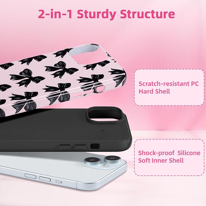 QLTYPRI Case for iPhone 13/14, Aesthetic Black Ribbon Bow Phone Case for Girls Women, Protective Hybrid 2-Layer Hard Shell Silicone Cover Durable Shockproof Phone Cover - Pink