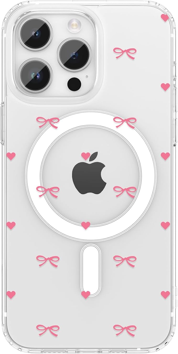 ZTOFERA for iPhone 16 Pro Max Magnetic Case Clear,Cute Love Heart Ribbon Bow Tie Aesthetic Phone Case,Transparent Trendy Slim Soft Shockproof Protective Phone Cover for Women Girls,Rose Pink