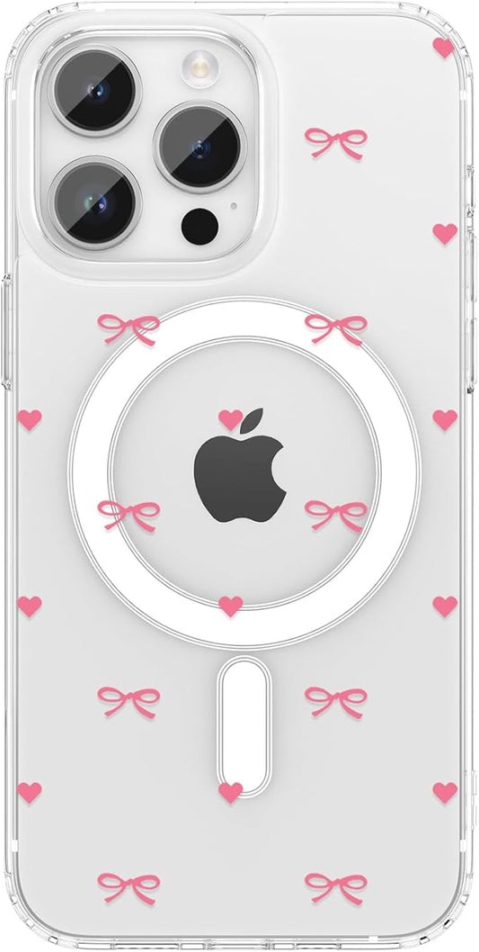 ZTOFERA for iPhone 13 Pro Magnetic Case Clear,Cute Love Heart Ribbon Bow Tie Aesthetic Phone Case,Transparent Trendy Slim Soft Shockproof Protective Phone Cover for Women Girls,Rose Pink