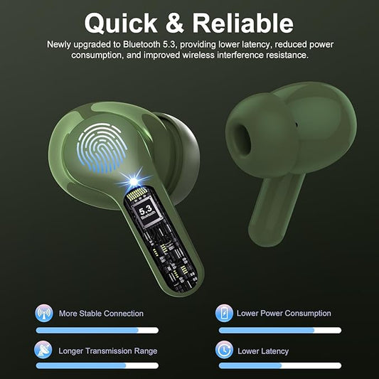 Wireless Earbuds, Bluetooth 5.4 Headphones HiFi Stereo, Bluetooth Earbuds with ENC Noise Cancelling Mic, IP7 Waterproof in Ear Earphones, 48H, LED Display Ear buds for Pad Workout Sports, Retro Green
