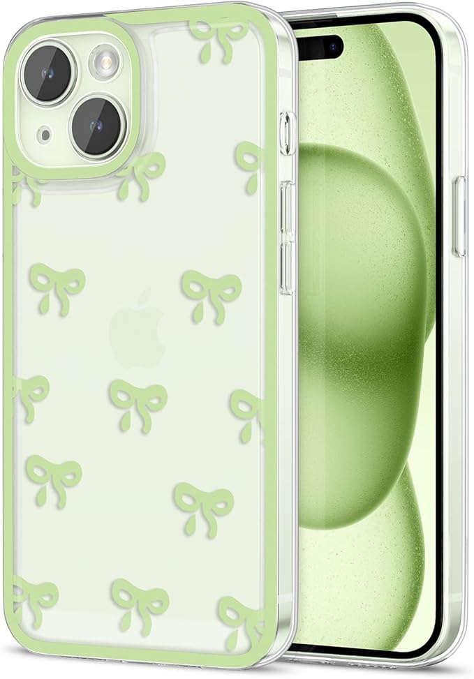 EYZUTAK Case for iPhone 15 Plus, Clear Cute Ribbon Bowknot Pattern Aesthetic Transparent Phone Case Raised Camera Protection Stylish Slim Soft Durable TPU Protective Cover for Women Girls - Green