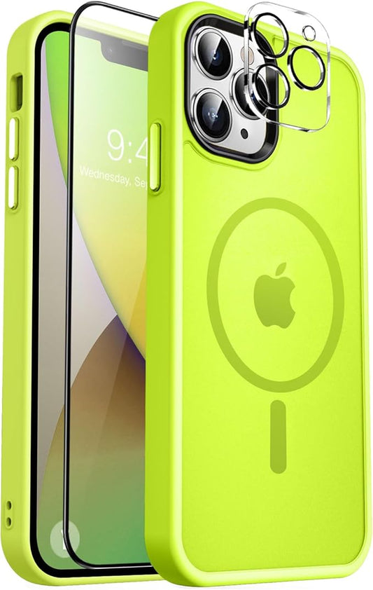 MOCCA Strong Magnetic for iPhone 13 Pro Max Case,[Compatible with Magsafe][Glass Screen Protector+Camera Lens Protector] Slim Shockproof Cover Phone Case for iPhone 13 Pro Max 6.7",Fluorescent Green