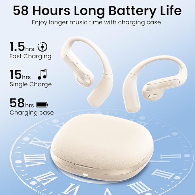 Wireless Earbuds Bluetooth Headphone Sport, 2025 Bluetooth Earbuds Stereo Deep Bass Over Ear Bud with Earhooks, ENC Noise Cancelling Mic Earphone, Waterprooffor Workout/Running-Off White