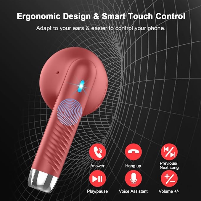 Wireless Earbuds, Bluetooth 5.4 Headphones in Ear with Noise Cancelling Mic, Bluetooth Earbuds Stereo Bass, IP7 Waterproof Sports Earphones, 32H Playtime USB C Charging Ear Buds Red for Android iOS