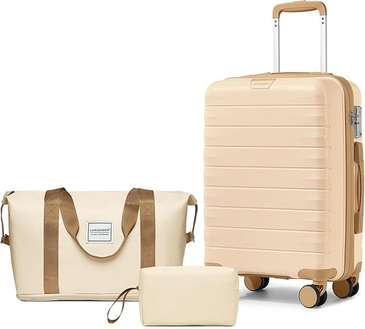 LARVENDER Luggage Sets 3 Piece with Duffel Bag Hardside PP Carry On Suitcase with 360° Spinner Wheels TSA Lock Luggage Sets for Women, Ivory Cream