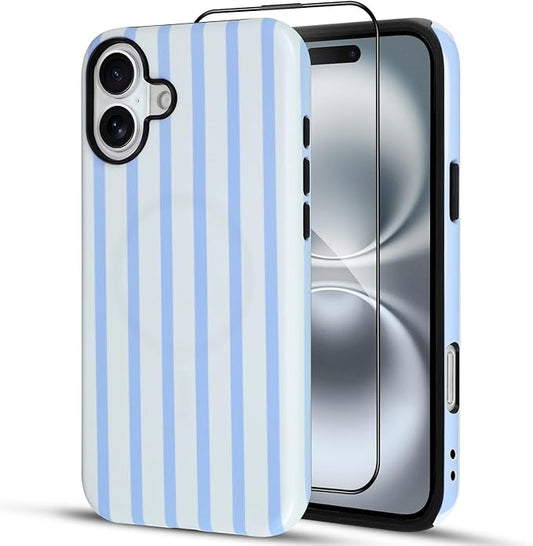 SOKAD Magnetic Vertical Stripes Phone Case for iPhone 16, Cute Light Blue Striped Line Pattern Compatible with Magsafe Matte Protective Case Cover with Screen Protector for Girls Women