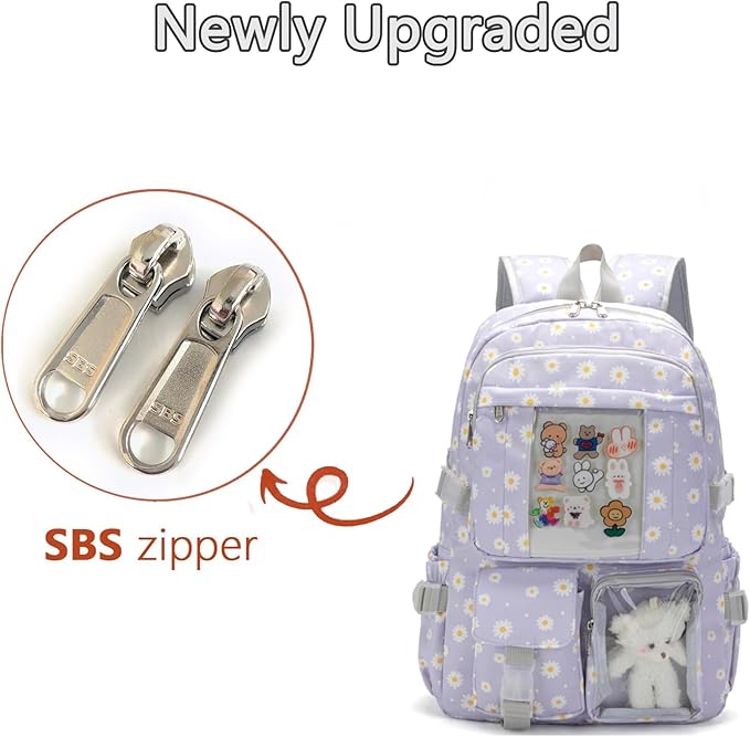 Kawaii Backpack for Teen Girls, Cute Aesthetic High Middle School College Bookbag with Accessories, Grey Flower
