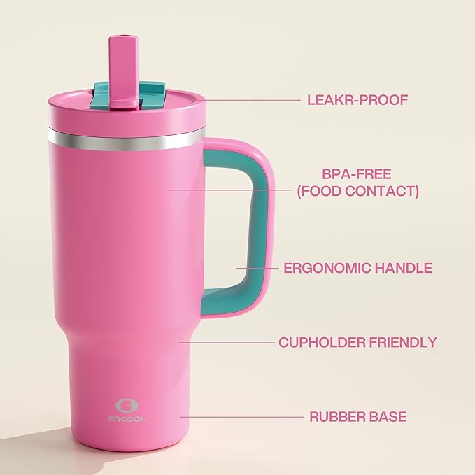 32 oz Tumbler with Handle and Straw: Stainless Steel Insulated Tumbler Keeps Cold for 24 Hours, Leakproof Travel Cup Fits in Cup Holder and BPA-Free,Light Crimson