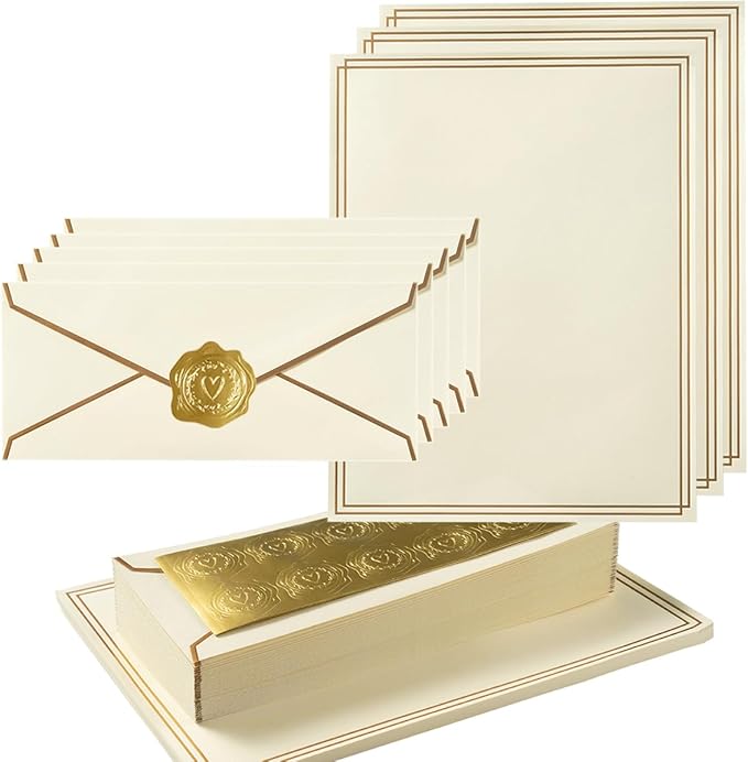 50 Pack Stationery Set with Gold Border, #10 Business Envelopes and 8.5x11 Paper Sheets and Stickers for Writing Letters (Cream Color, 8.5x11 Inches)