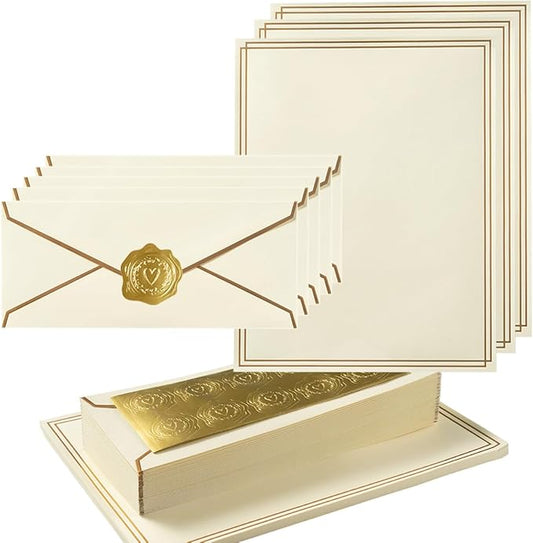 50 Pack Stationery Set with Gold Border, #10 Business Envelopes and 8.5x11 Paper Sheets and Stickers for Writing Letters (Cream Color, 8.5x11 Inches)